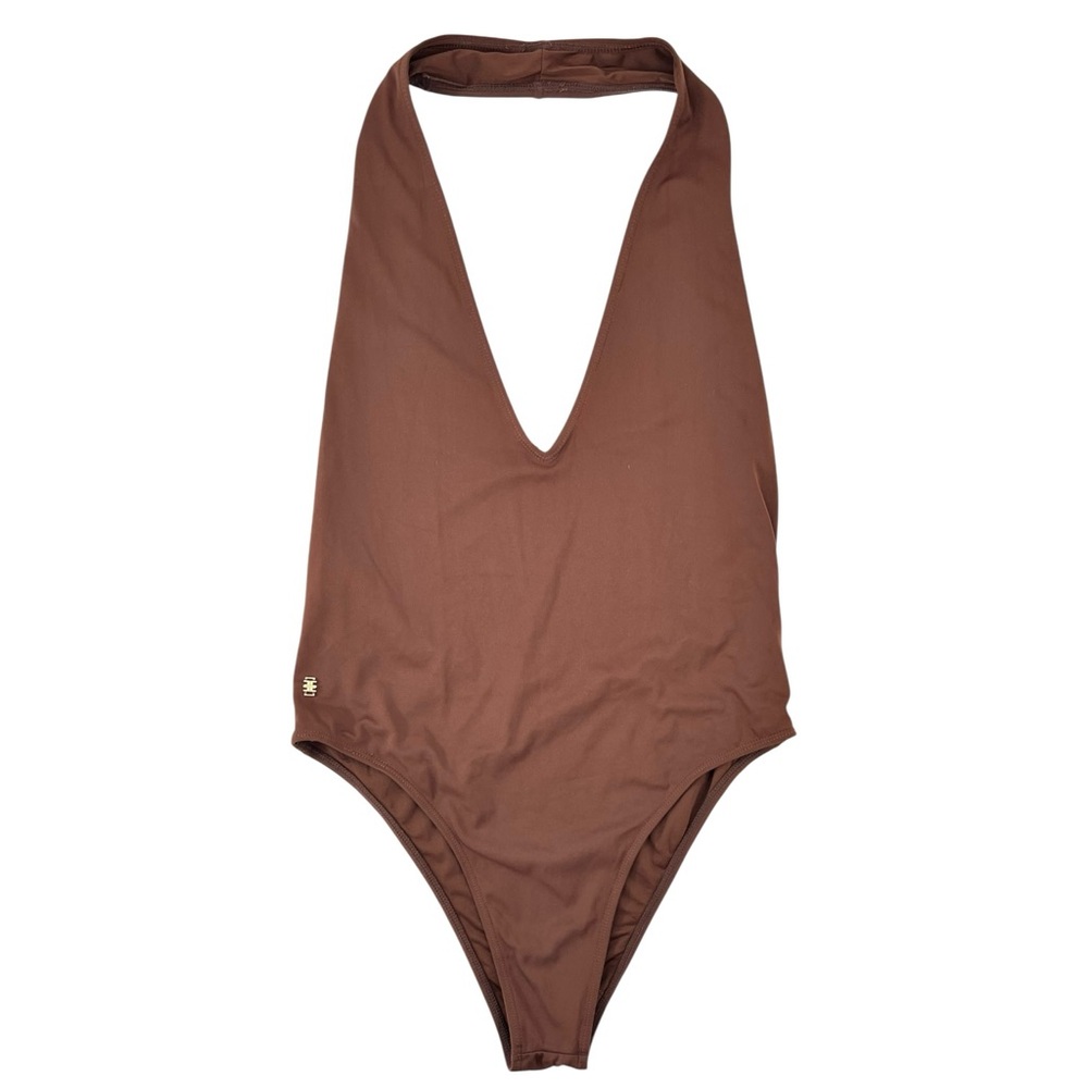 ÉTERNE Amelia Halter One Piece - Brown V Neck One Piece Swimsuit Swim Suit sz L